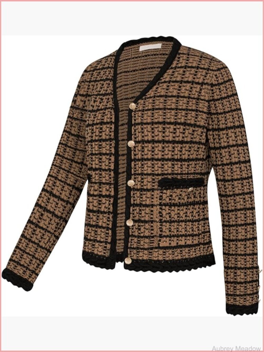 Tweed Pattern V Neck Cardigan Sweater Blazer with Pockets